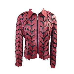 Natto Leather Leaf Jacket Sz S Red Black Mesh Sparkly‎ Vtg